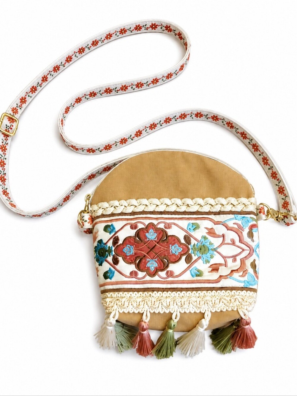 Boho Embroidered Crossbody Bag Tassel Canvas Purse Floral Festival Cottagecore - Picture 1 of 3